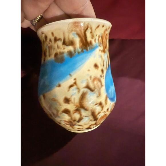 Handmade Ceramic Vase with Blue & Brown Glaze, Polkadots, Artist Signed NS or SN - Picture 3 of 10